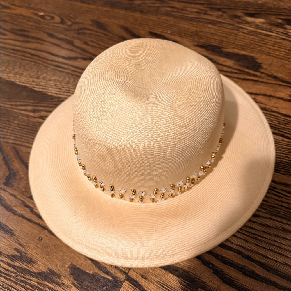 Adolfo Cream Hat with Gold Detailing